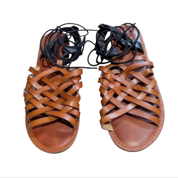 American Eagle Brown And Black Woven Boho Lace Up Sandals 8 Nautical Gladiator - Picture 1 of 5